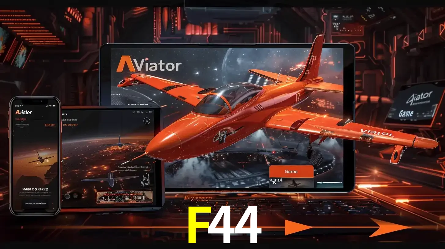 Apresentação tecnológica do jogo Aviator com um avião saindo da tela de um tablet, demonstrando a experiência imersiva em múltiplos dispositivos no F44.