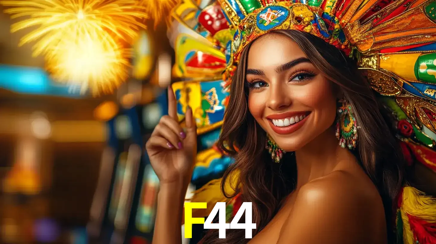 Mulher sorridente com um cocar de carnaval vibrante e colorido, celebrando uma grande vitória nos jogos do cassino F44 com fogos de artifício ao fundo.