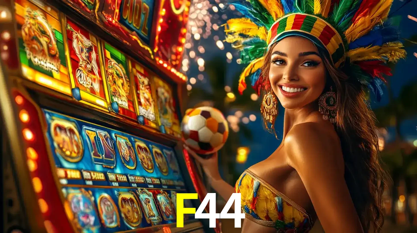 Mulher com um cocar de carnaval ao lado de uma máquina de caça-níqueis enquanto segura uma bola de futebol, mostrando a união da diversão de cassino e esportes no F44.