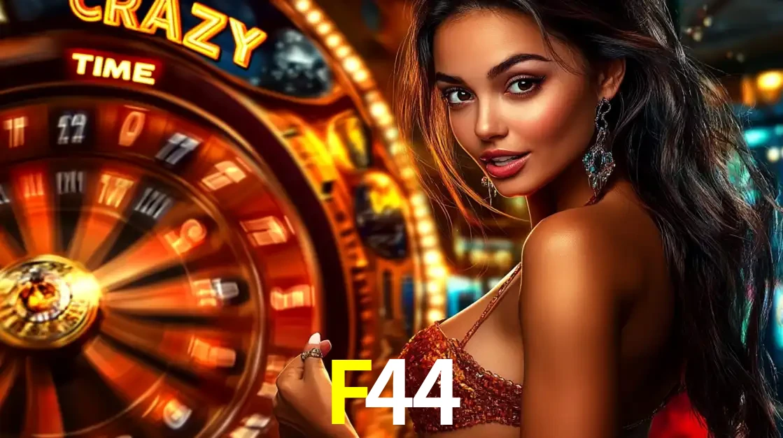 Mulher ao lado da roda de prêmios do jogo de cassino ao vivo Crazy Time, um dos shows de jogos mais emocionantes oferecidos pela plataforma de apostas F44.