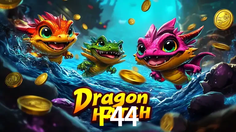 Arte promocional do jogo Dragon Hatch com três adoráveis dragões bebês nadando entre moedas de ouro, um dos slots mais divertidos para jogar no cassino F44.
