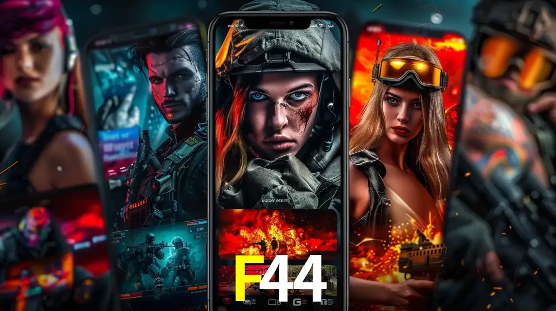 Montagem de telas de celular mostrando diversos personagens, masculinos e femininos, de um jogo de tiro, ilustrando a diversidade de equipes de e-sports para apostar no F44.