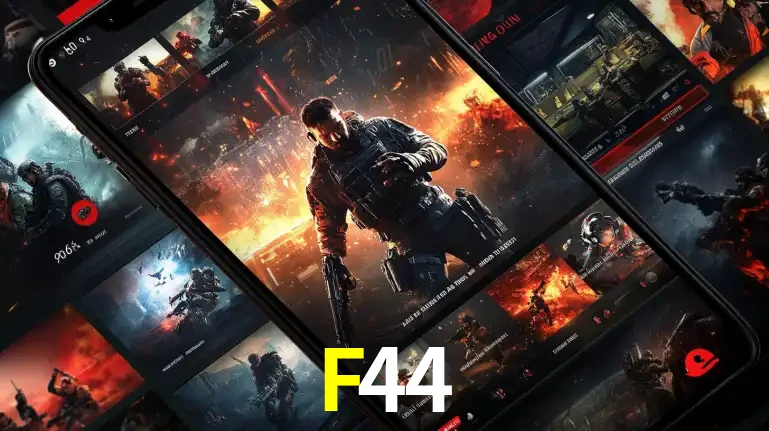 Tela de um celular exibindo uma galeria de jogos de tiro com temática militar, mostrando a variedade de e-sports disponíveis para apostas na plataforma de entretenimento F44.