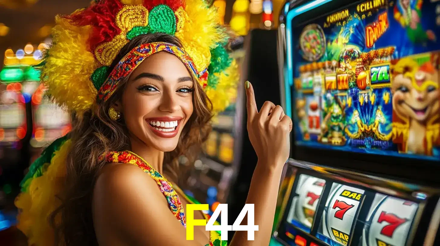 Mulher animada com um cocar de carnaval apontando para uma máquina de caça-níqueis, mostrando a emoção de ganhar um grande prêmio nos jogos do F44.