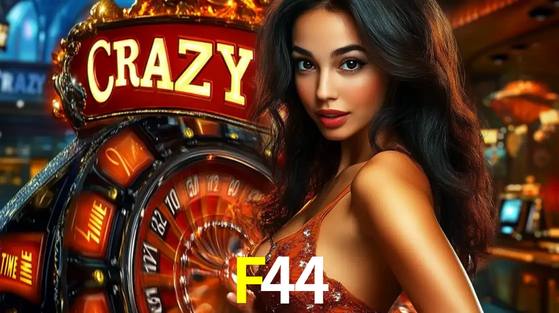 Mulher glamourosa olhando para a câmera com a roda vermelha do Crazy Time ao fundo em um ambiente de cassino, destacando a emoção dos jogos ao vivo no F44.