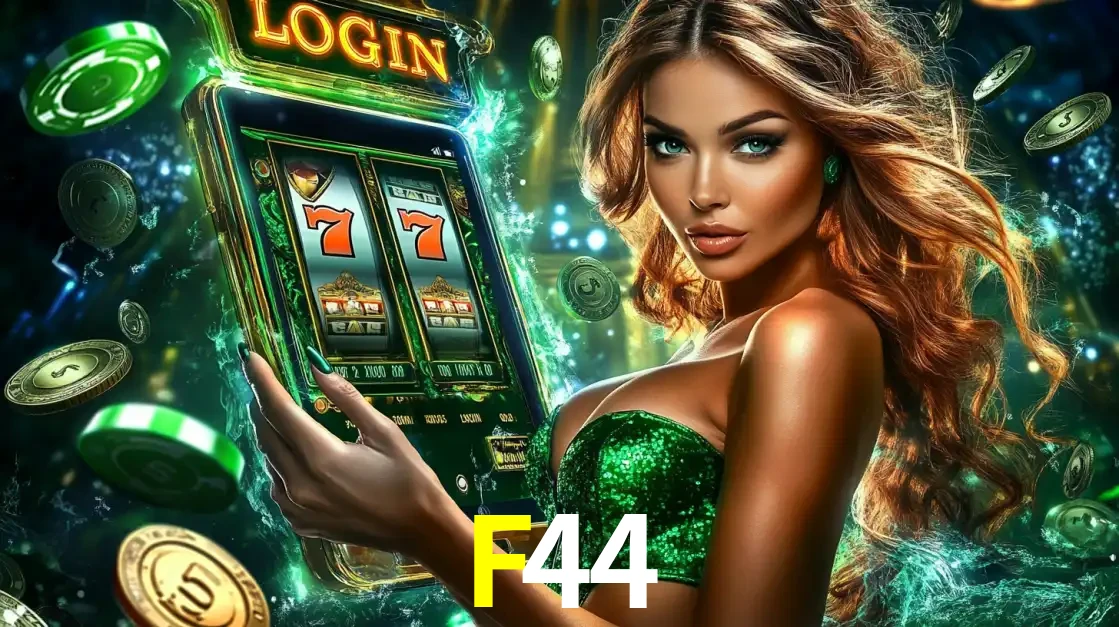 Mulher com tema verde apresentando o aplicativo do cassino F44 com um jogo de slot de 777, cercada por fichas de cassino e uma aura de sorte.