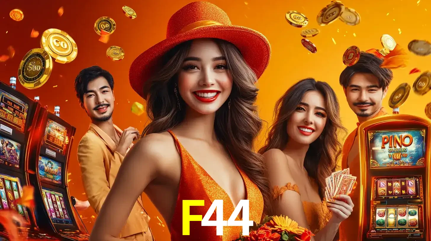 Grupo de amigos asiáticos sorrindo e se divertindo com máquinas de caça-níqueis em um ambiente festivo, celebrando suas vitórias nos jogos de cassino do F44.