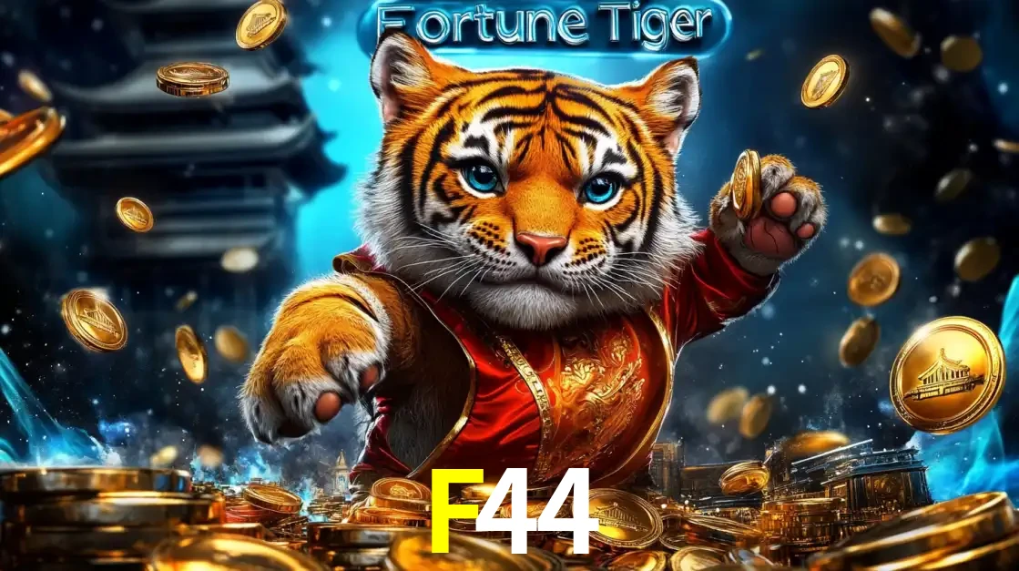 Imagem promocional do jogo de slot Fortune Tiger, com um tigre majestoso em traje tradicional cercado por uma fortuna em moedas de ouro, disponível agora no cassino F44.
