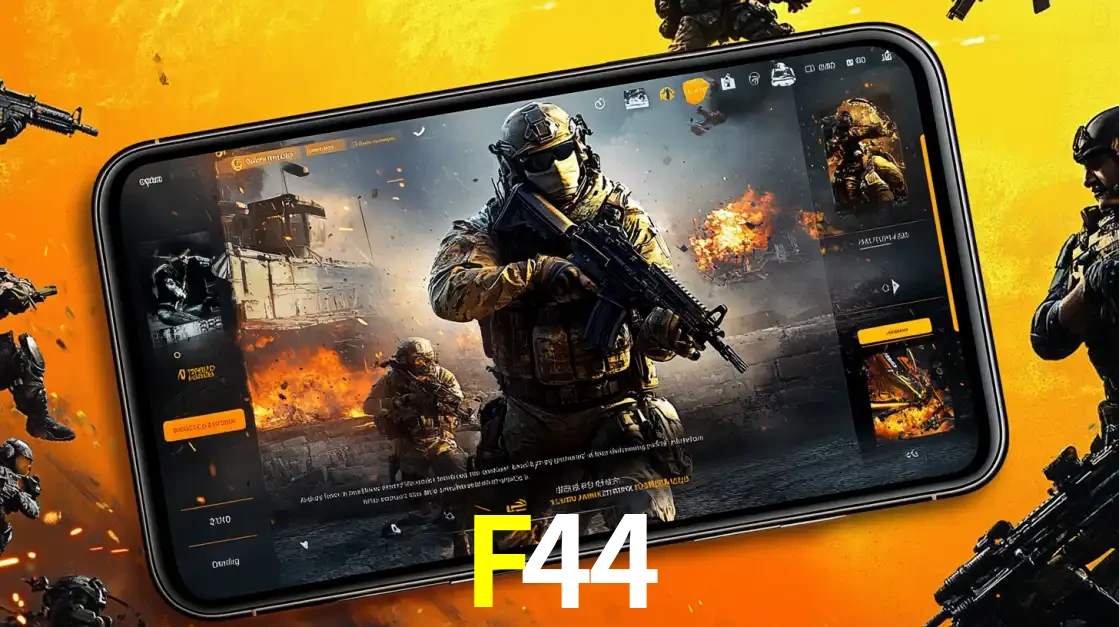 Um smartphone exibindo a interface de um jogo de tiro em primeira pessoa, com um soldado em um cenário de batalha, representando a ação dos e-sports para apostar no F44.