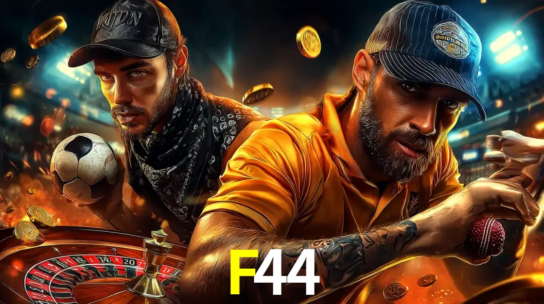 Montagem de apostas esportivas e cassino no F44, com um homem segurando uma bola de futebol e outro uma de beisebol sobre uma roleta e moedas voadoras.