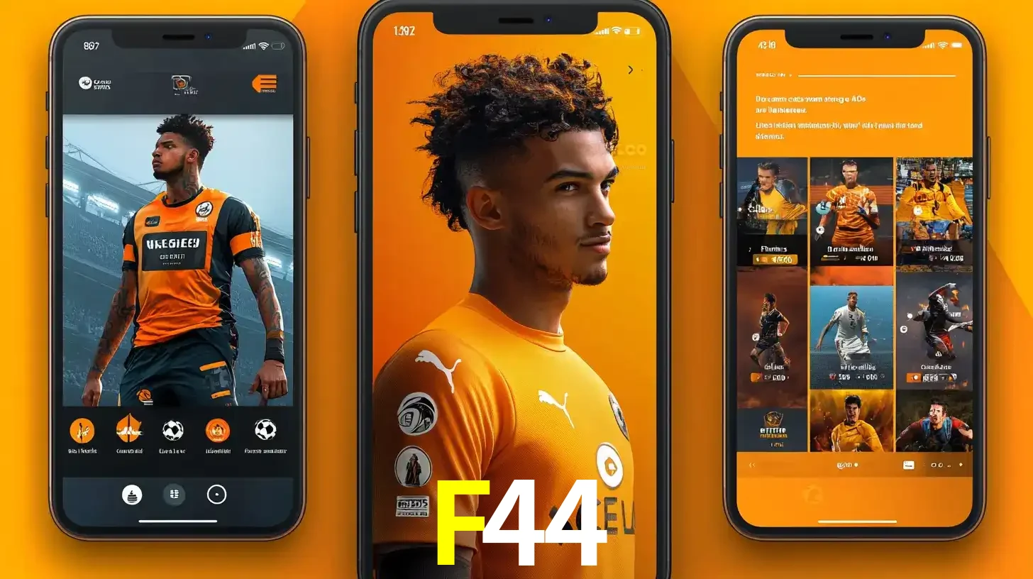 Interface do aplicativo de apostas esportivas F44 em três telas de celular, mostrando o perfil de um jogador de futebol e a lista de jogos disponíveis para apostar.