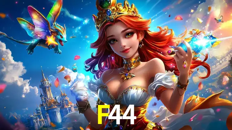 A princesa de um reino de fantasia mágico, com seu pequeno dragão, apresentando um mundo de prêmios encantados nos jogos de caça-níqueis do cassino F44.
