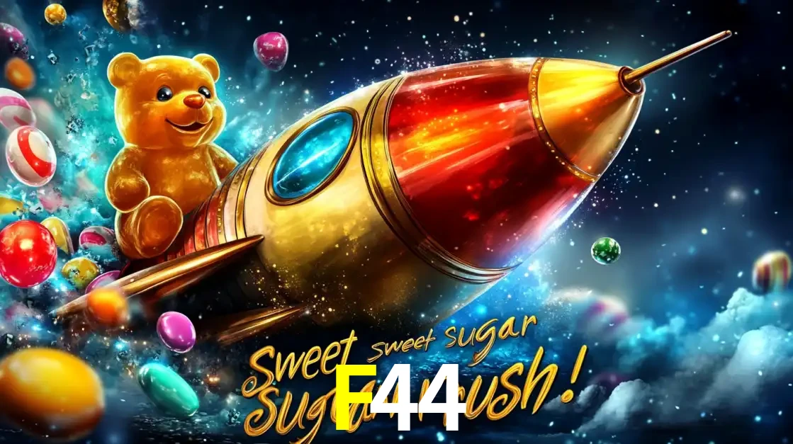 Arte promocional do jogo de slot Sugar Rush, com um urso de pelúcia em um foguete viajando pelo espaço de doces, um dos jogos divertidos disponíveis no cassino F44.