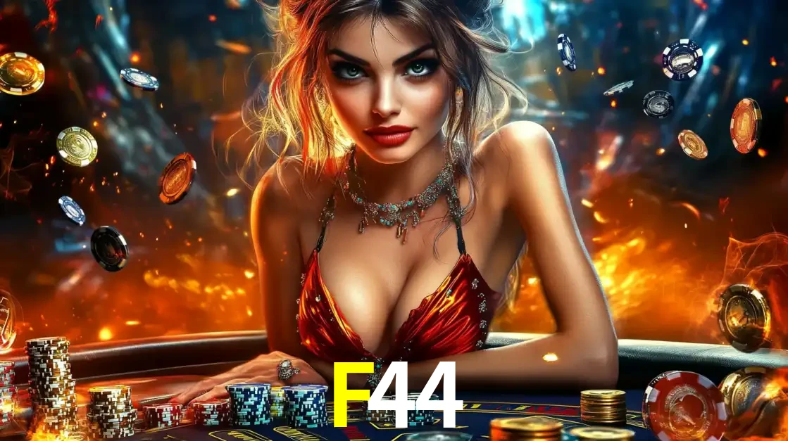 Mulher em uma mesa de cassino com pilhas de fichas e um fundo de fogo, pronta para uma rodada de altas apostas nos jogos de mesa emocionantes do cassino F44.
