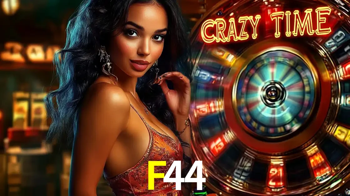Mulher elegante ao lado da vibrante roda da fortuna do jogo de cassino ao vivo Crazy Time, um dos game shows mais populares e cheios de prêmios do F44.