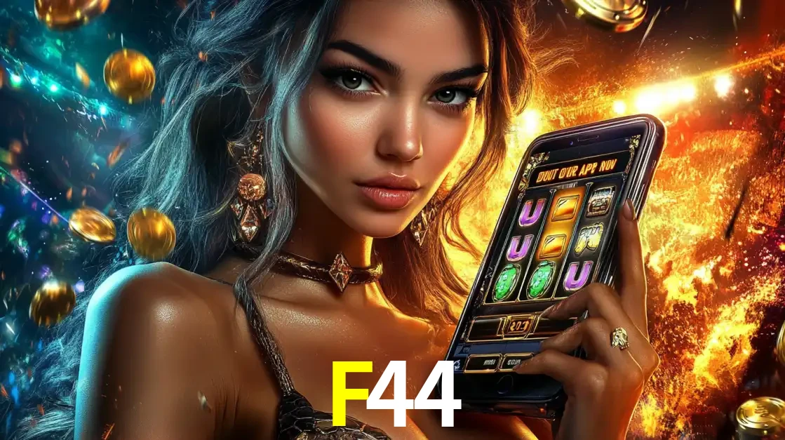 Mulher elegante mostrando um jogo de caça-níqueis em seu smartphone, destacando a experiência de cassino móvel oferecida pelo aplicativo F44.