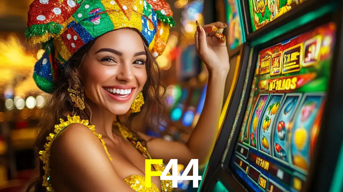 Mulher feliz com traje de carnaval amarelo e colorido ao lado de uma máquina de caça-níqueis, aproveitando a diversão e os jogos temáticos do cassino F44.