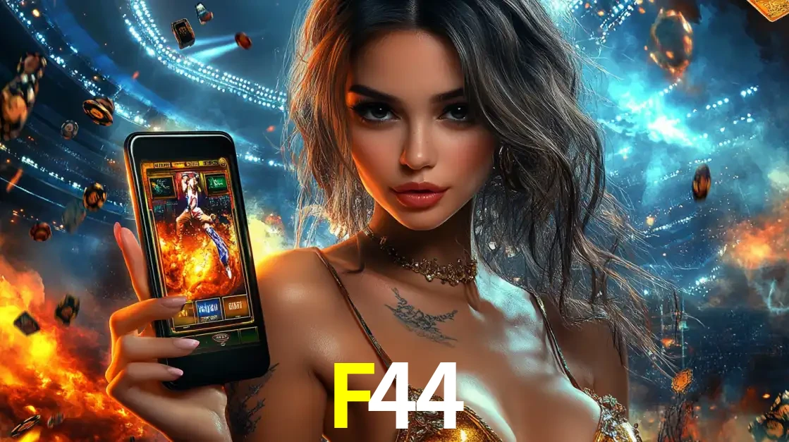 Mulher segurando um celular com um jogo de slot em destaque, tendo como fundo um estádio vibrante, simbolizando a emoção de jogar no cassino móvel F44.