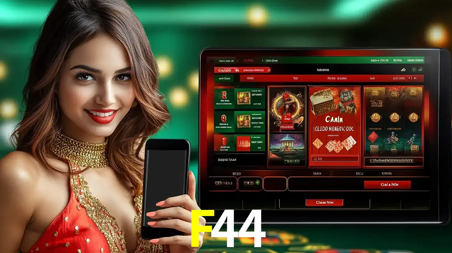 Mulher sorridente segurando um smartphone, ao lado de uma tela exibindo o lobby de jogos do cassino online F44, com várias opções de jogos de cartas e slots.